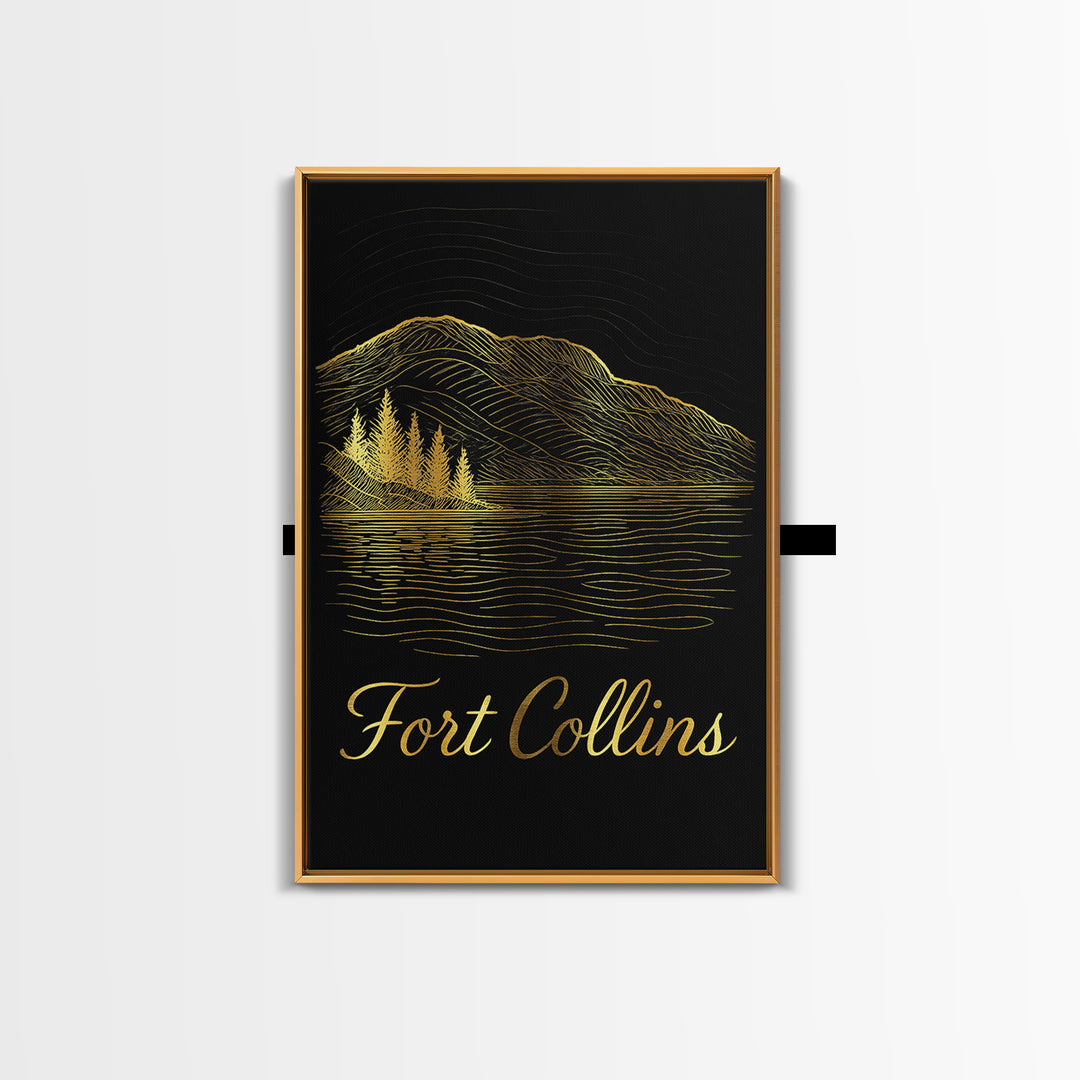 Fort Collins Travel Poster, Framed Canvas Print, Black Gold Minimalist Art, Fort Collins Wall Art, City Art Print, Fine Art Print