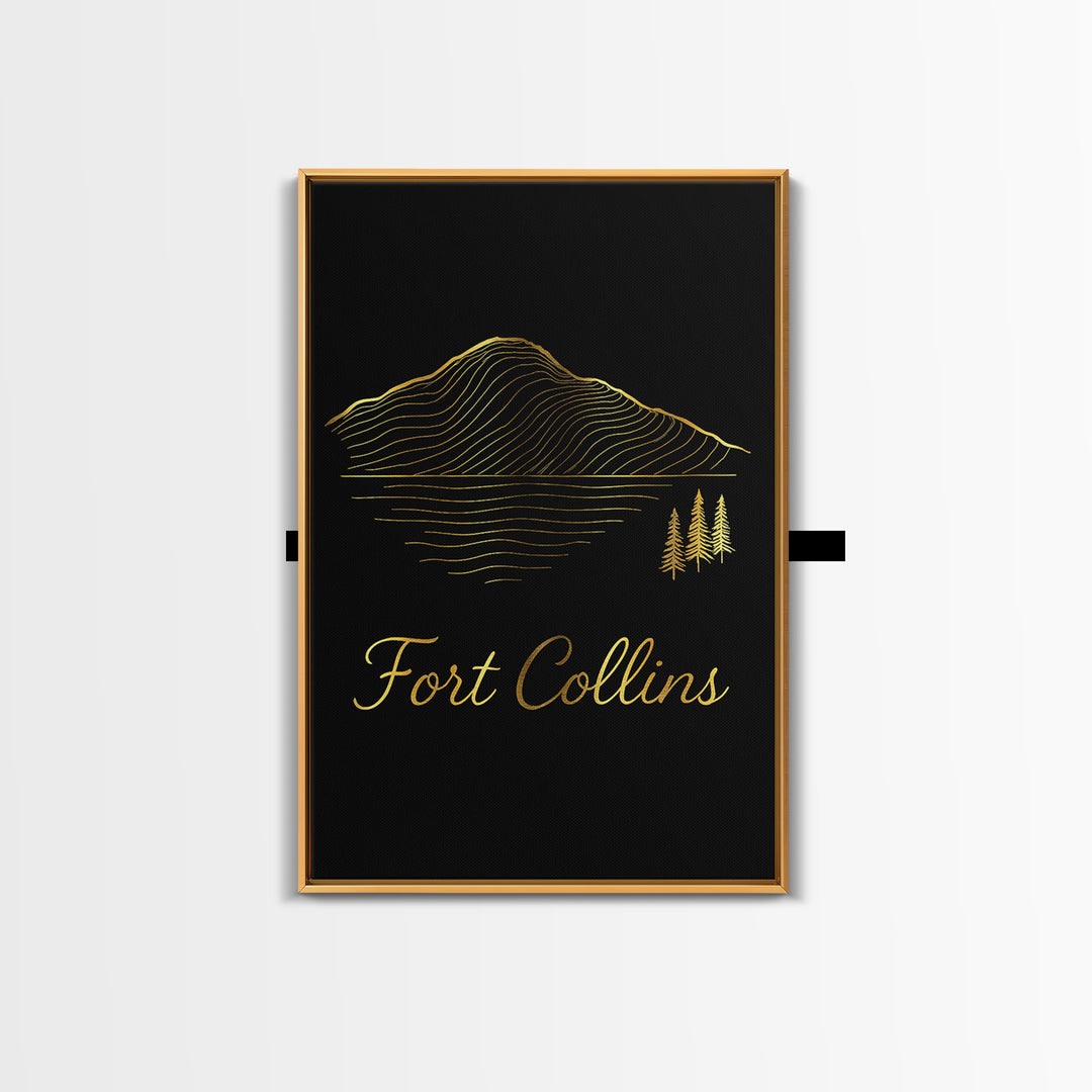 Fort Collins Travel Poster, Canvas Print, Gold Outline Poster Art, Fort Collins Art Print, Travel Wall Art, Travel Wall Decor, Design 4