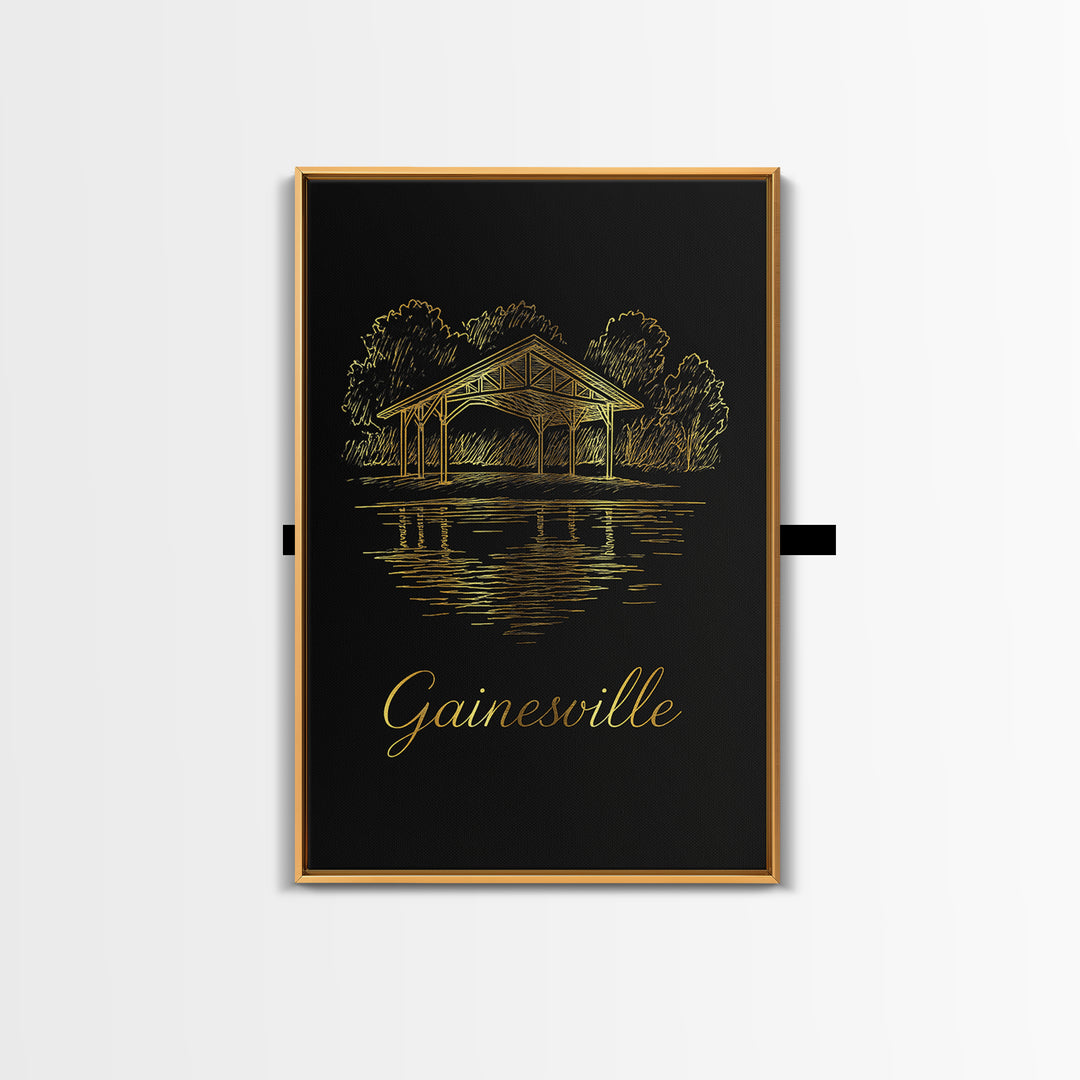 Gainesville Travel Poster, Framed Canvas Print, Minimalist Gold Line Art, Gainesville Travel Art, Wanderlust Decor, Modern Wall Decor