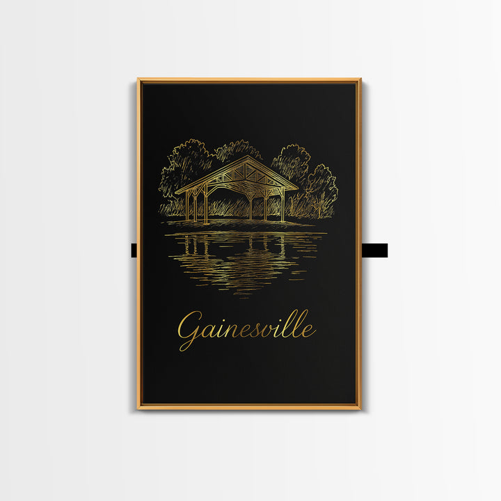 Gainesville Travel Poster, Framed Canvas Print, Minimalist Gold Line Art, Gainesville Travel Art, Wanderlust Decor, Modern Wall Decor