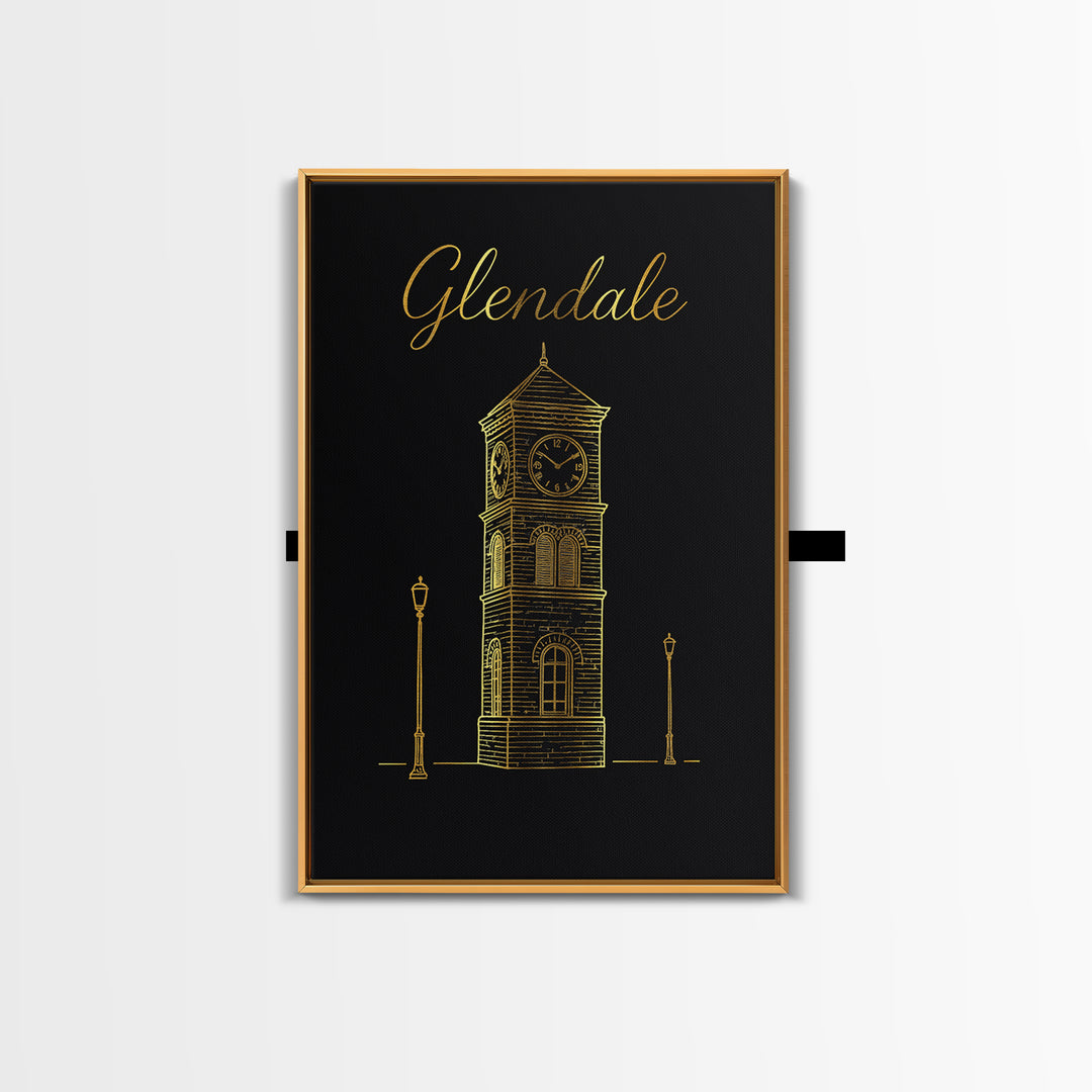 Glendale Travel Poster, Framed Canvas Print, Gold Outline Poster Art, Glendale Wall Art, Retro Travel Print, Wanderlust Decor, Wall Art
