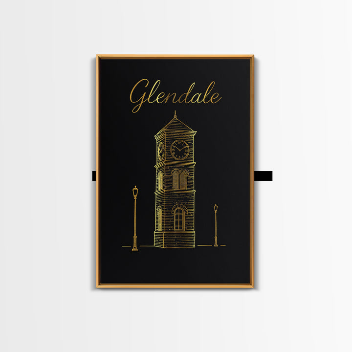 Glendale Travel Poster, Framed Canvas Print, Gold Outline Poster Art, Glendale Wall Art, Retro Travel Print, Wanderlust Decor, Wall Art