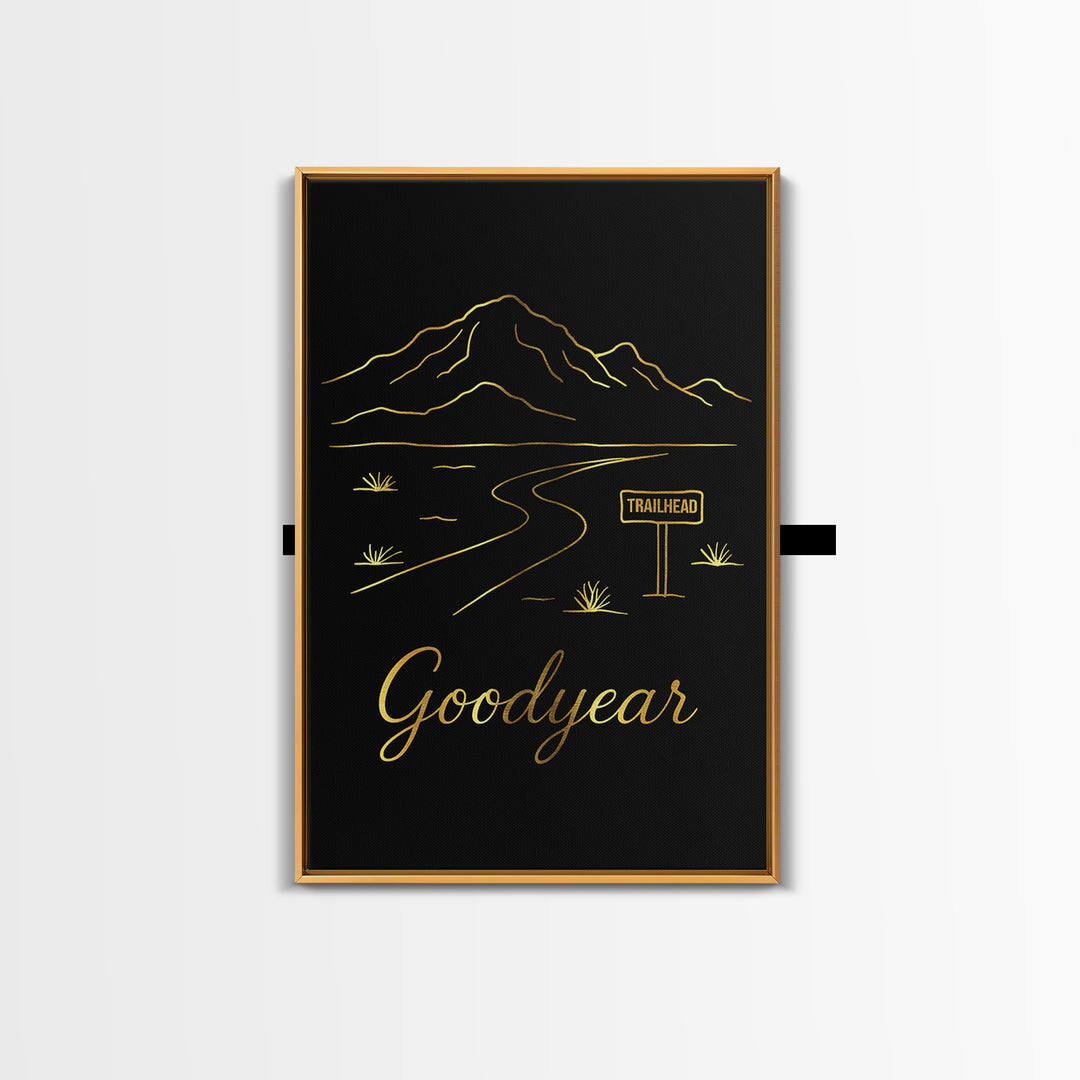 Goodyear Travel Poster, Framed Canvas Print, Gold Outline Poster Art, Goodyear Travel Art, Mid Century Wall Art, Vintage Travel Art