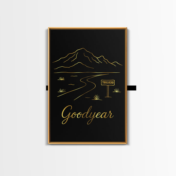 Goodyear Travel Poster, Framed Canvas Print, Gold Outline Poster Art, Goodyear Travel Art, Mid Century Wall Art, Vintage Travel Art