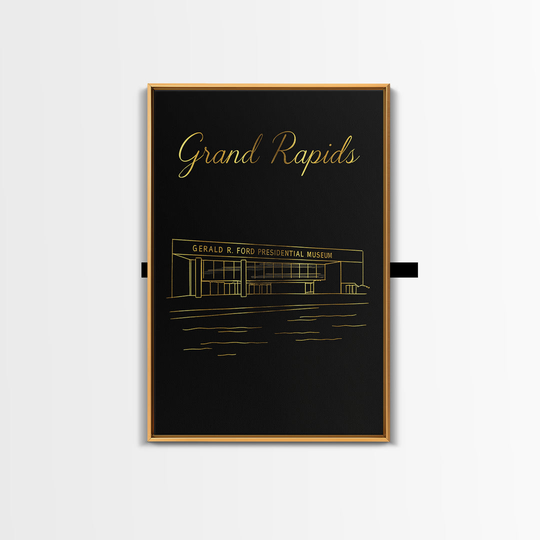 Grand Rapids Travel Poster, Framed Canvas Print, Black Gold Minimalist Art, Grand Rapids Travel Art, Mid Century Wall Art, City Art Print