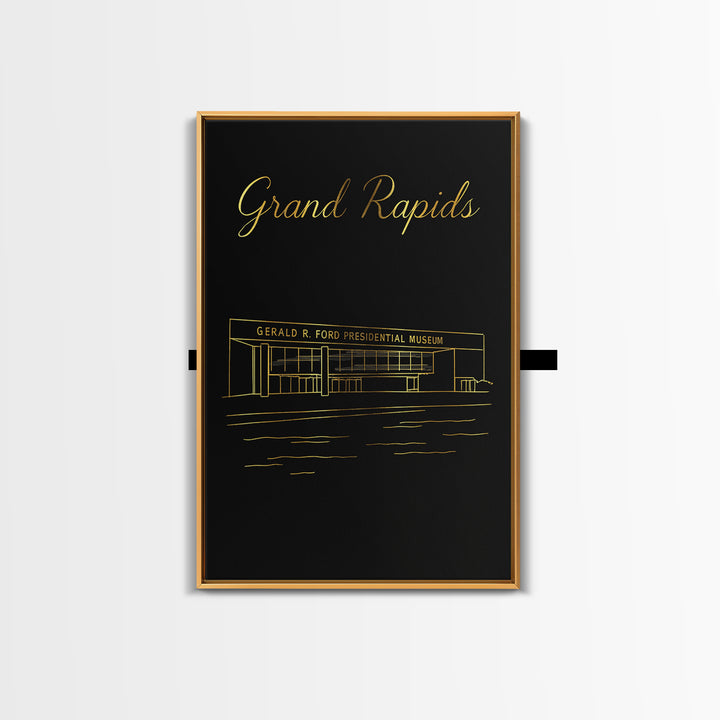 Grand Rapids Travel Poster, Framed Canvas Print, Black Gold Minimalist Art, Grand Rapids Travel Art, Mid Century Wall Art, City Art Print