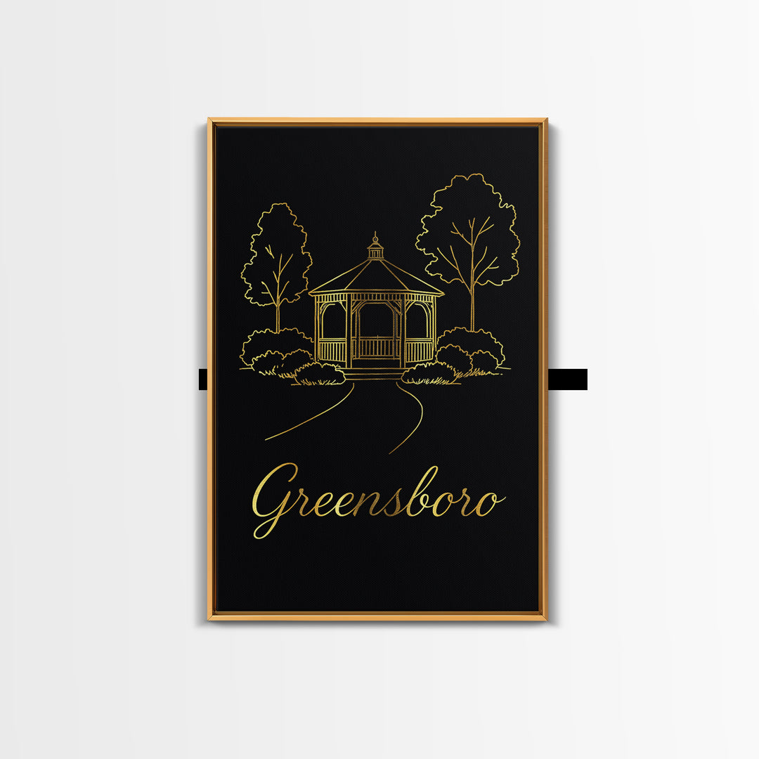 Greensboro Travel Poster, Framed Canvas Print, Gold Outline Poster Art, Greensboro Art Print, Travel Poster Set, Vintage Travel Print