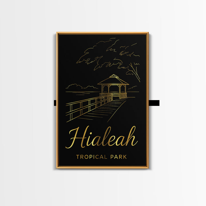Hialeah Florida Travel Poster, Framed Canvas Print, Black Gold Minimalist Art, Hialeah Wall Art, Travel Poster Art, Retro Travel Print