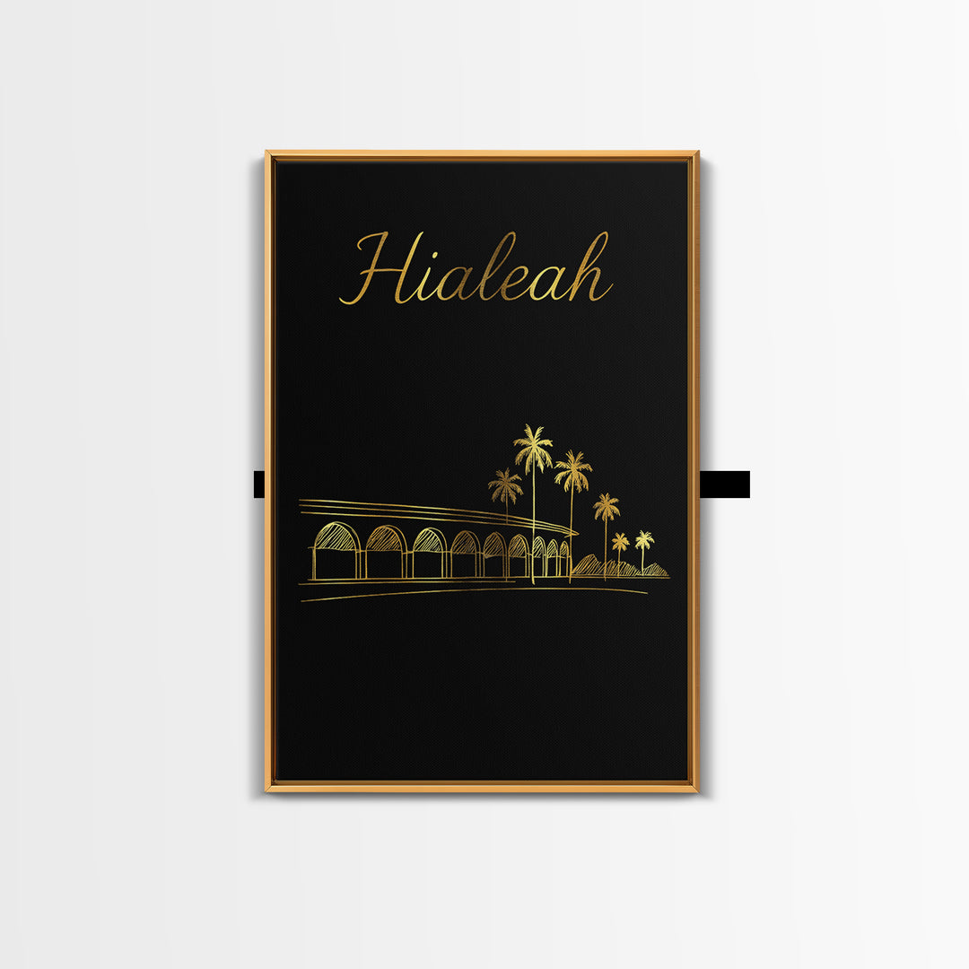 Hialeah Travel Poster, Canvas Print, Gold Outline Poster Art, Hialeah Art Print, Watercolor City Skyline, City Art Print, Wall Art