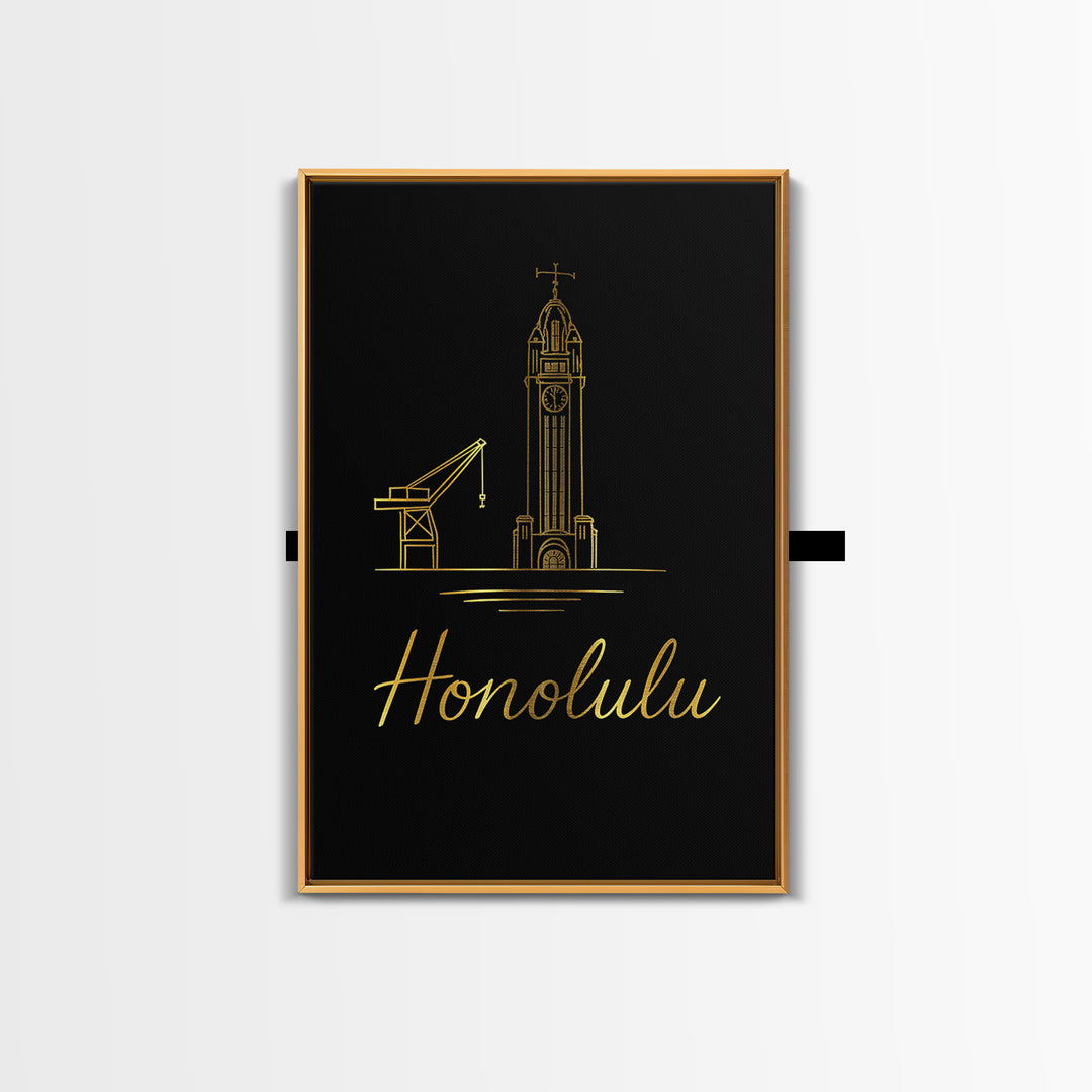 Honolulu Hawaii Travel Poster, Canvas Print, Gold Outline Poster Art, Honolulu City Art, Wall Art, Gift For Travelers, Poster Art