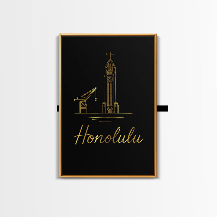 Honolulu Hawaii Travel Poster, Canvas Print, Gold Outline Poster Art, Honolulu City Art, Wall Art, Gift For Travelers, Poster Art