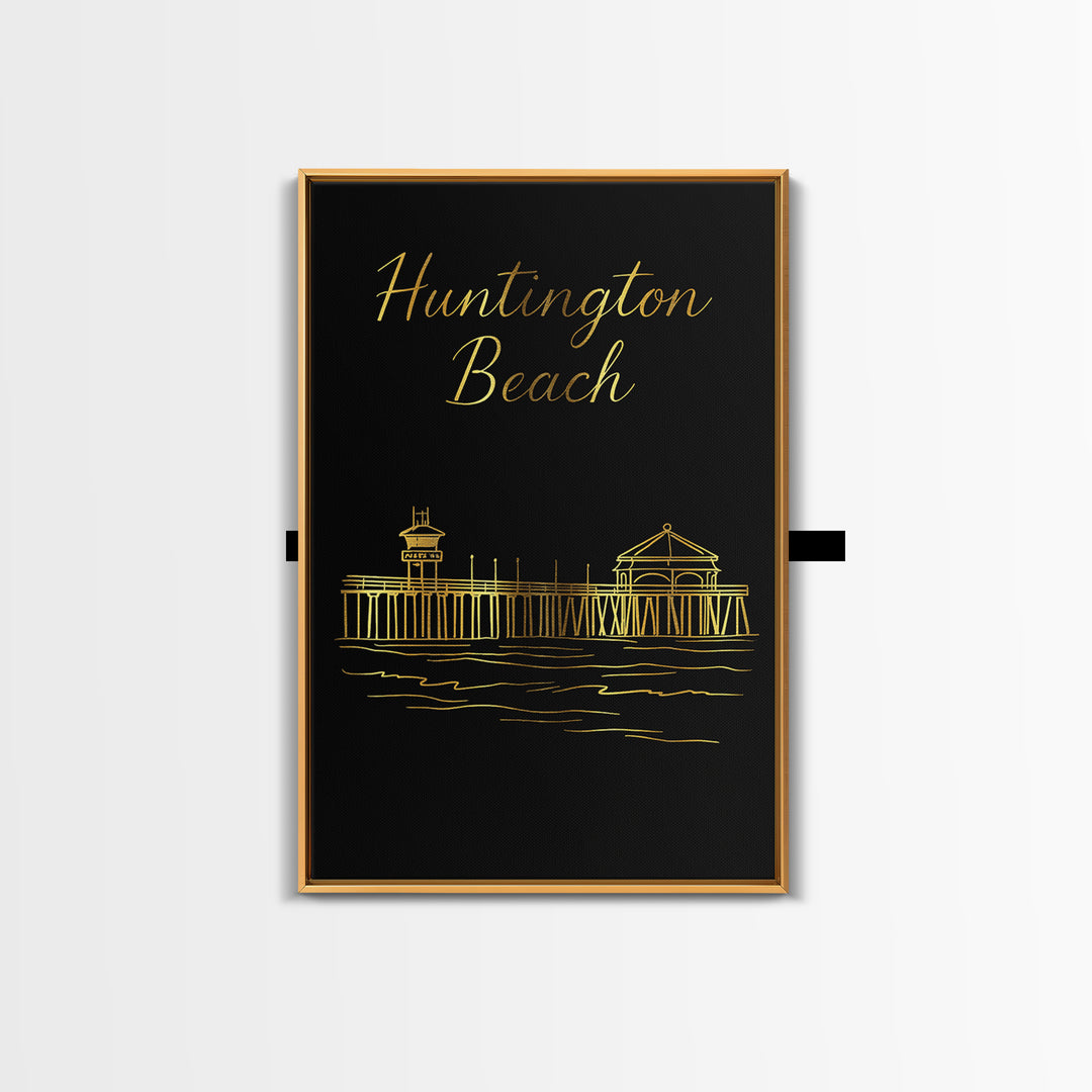 Huntington Beach Travel Poster, Canvas Print, Minimalist Gold Line Art, Huntington Beach Poster Print, Travel Poster Set, Retro Travel Print