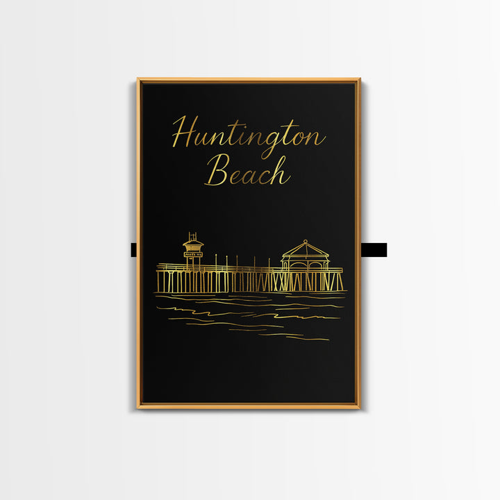 Huntington Beach Travel Poster, Canvas Print, Minimalist Gold Line Art, Huntington Beach Poster Print, Travel Poster Set, Retro Travel Print