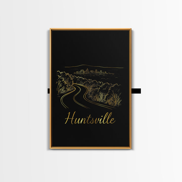 Huntsville Alabama Travel Poster, Canvas Print, Minimalist Gold Line Art, Huntsville Poster Print, Travel Poster Art, Watercolor Skyline