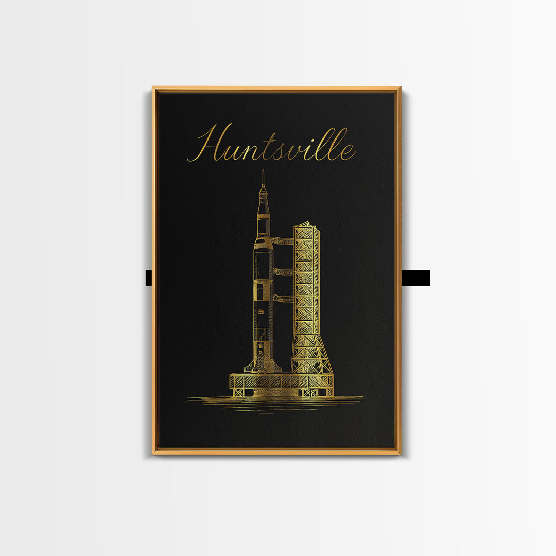 Huntsville Travel Poster, Framed Canvas Print, Minimalist Gold Line Art, Huntsville Travel Art, Mid Century Wall Art, Travel Poster Set