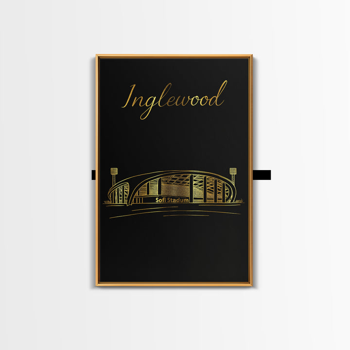 Inglewood Travel Poster, Framed Canvas Print, Minimalist Gold Line Art, Inglewood City Art, Travel Art Print, Vintage Travel Art