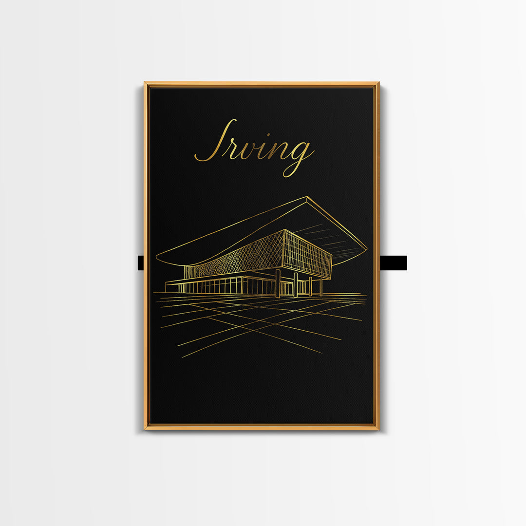 Irving Texas Travel Poster, Canvas Print, Gold Outline Poster Art, Irving Wall Art, Vintage City Art, City Art Print, Vintage Travel Art