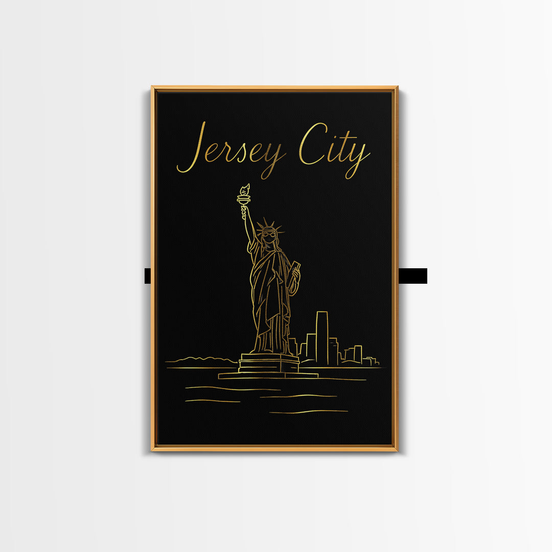 Jersey City Travel Poster, Framed Canvas Print, Black Gold Minimalist Art, Jersey City Poster Print, Living Room Wall Art, Travel Art Print