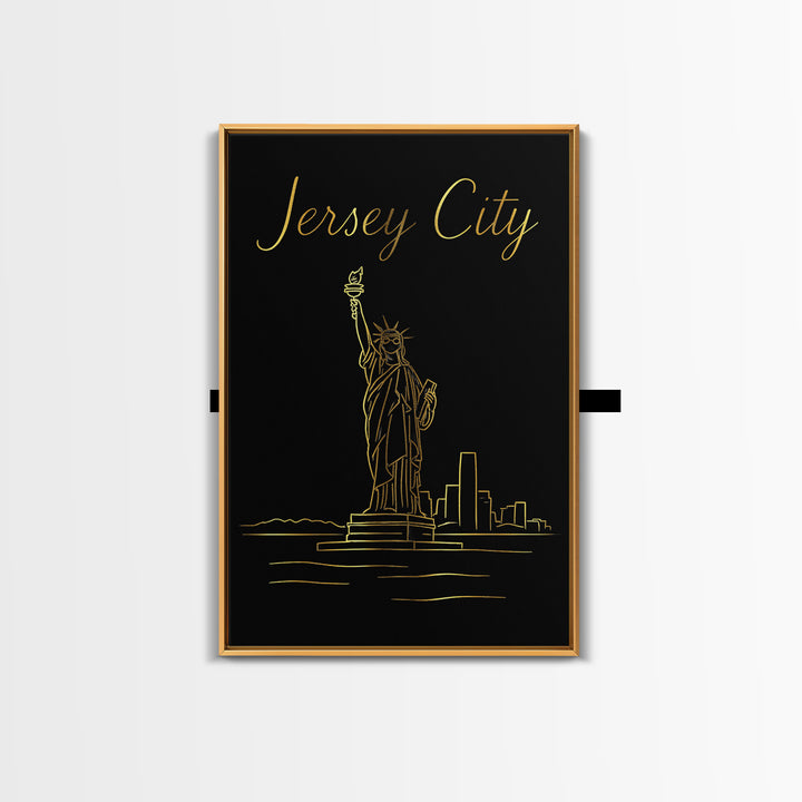 Jersey City Travel Poster, Framed Canvas Print, Black Gold Minimalist Art, Jersey City Poster Print, Living Room Wall Art, Travel Art Print