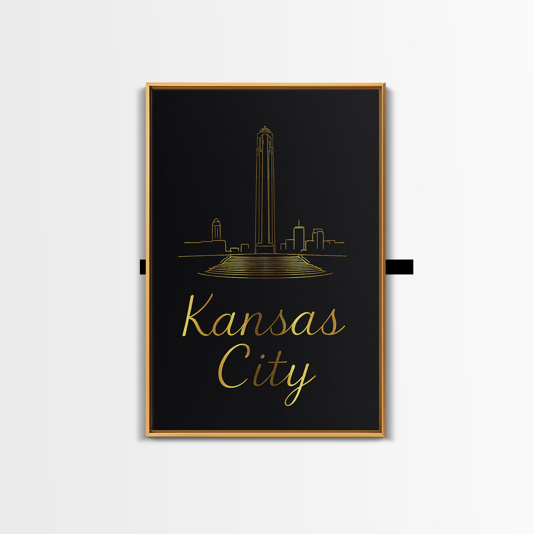 Kansas City Travel Poster, Framed Canvas Print, Black Gold Minimalist Art, Kansas City Wall Art, Vintage Travel Print, Vintage City Art