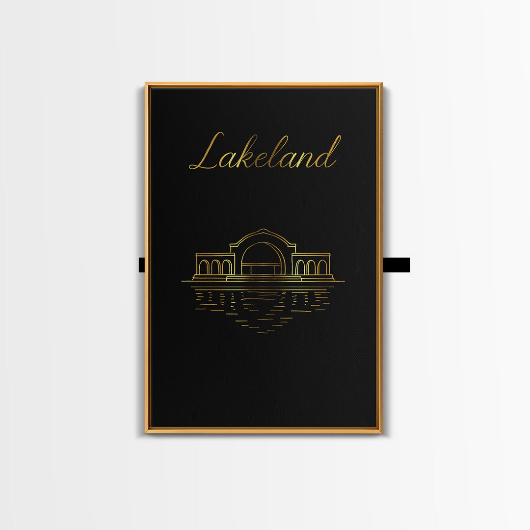 Lakeland Travel Poster, Framed Canvas Print, Minimalist Gold Line Art, Lakeland Wall Art, Watercolor Skyline, Travel Art Print