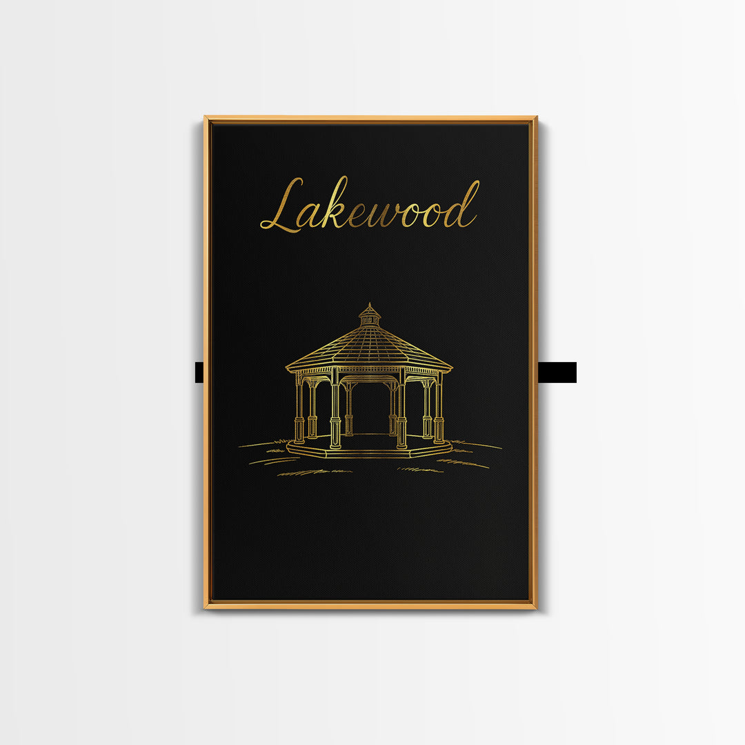 Lakewood Travel Poster, Framed Canvas Print, Black Gold Minimalist Art, Lakewood Wall Art, Travel Wall Art, Mid Century Wall Art