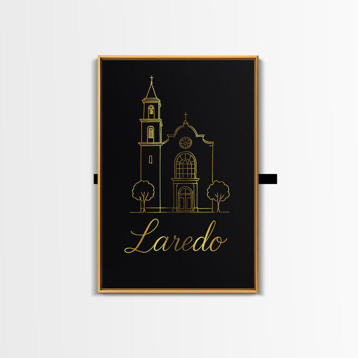 Laredo Travel Poster, Canvas Print, Minimalist Gold Line Art, Laredo Wall Art, Watercolor Skyline, City Art Print, Retro Travel Print