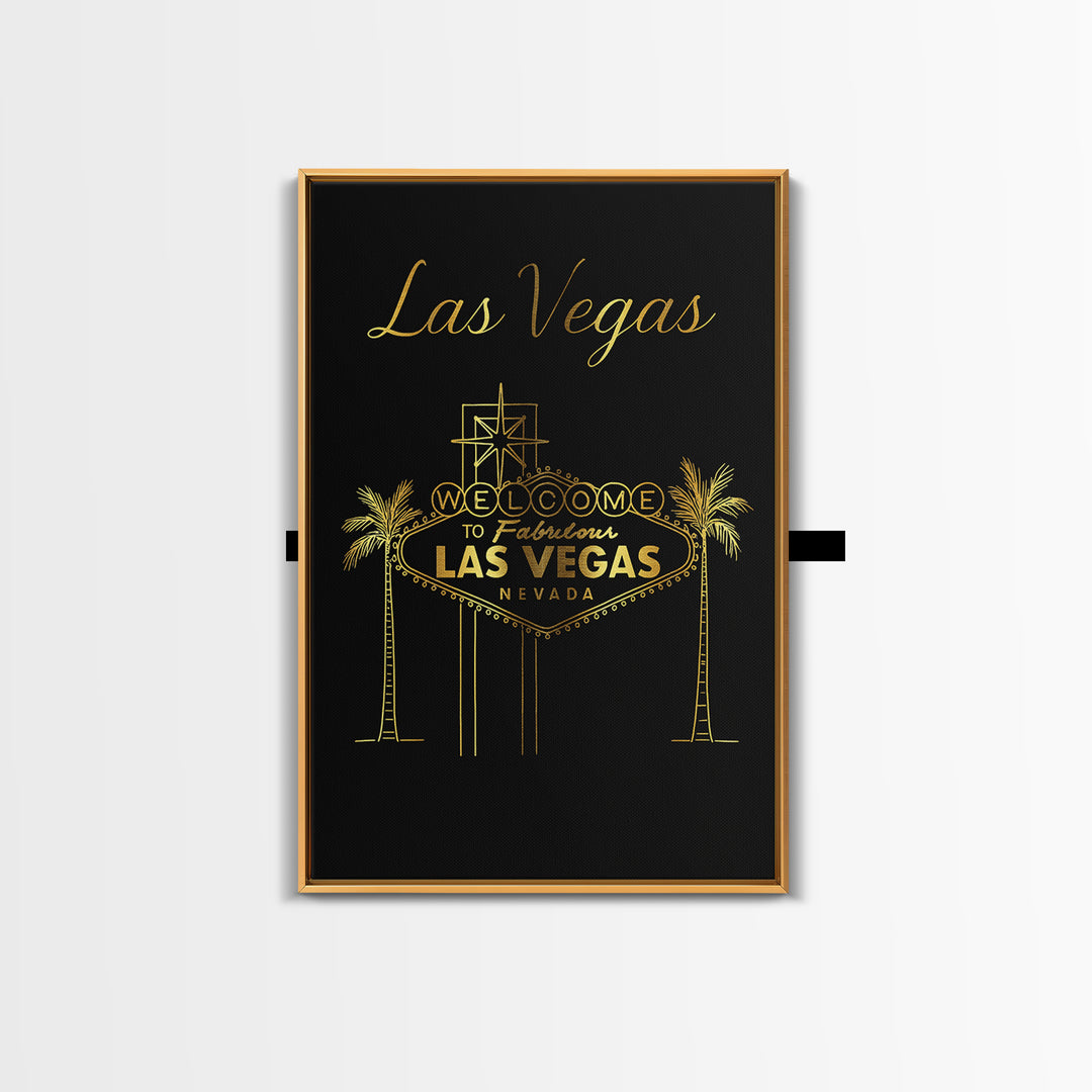 Las Vegas Travel Poster, Framed Canvas Print, Gold Outline Poster Art, Las Vegas Travel Art, City Art Print, Watercolor Skyline