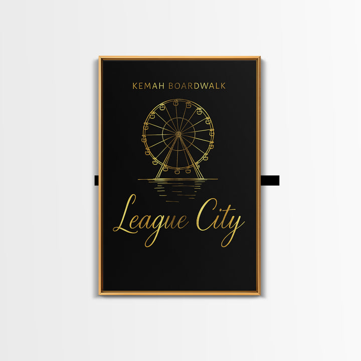 League City Texas Travel Poster, Canvas Print, Gold Outline Poster Art, League City Wall Art, Travel Poster Set, Vintage City Art
