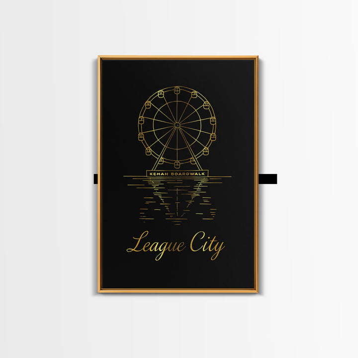 League City Travel Poster, Framed Canvas Print, Minimalist Gold Line Art, League City Wall Art, Watercolor Skyline, Mid Century Wall Art