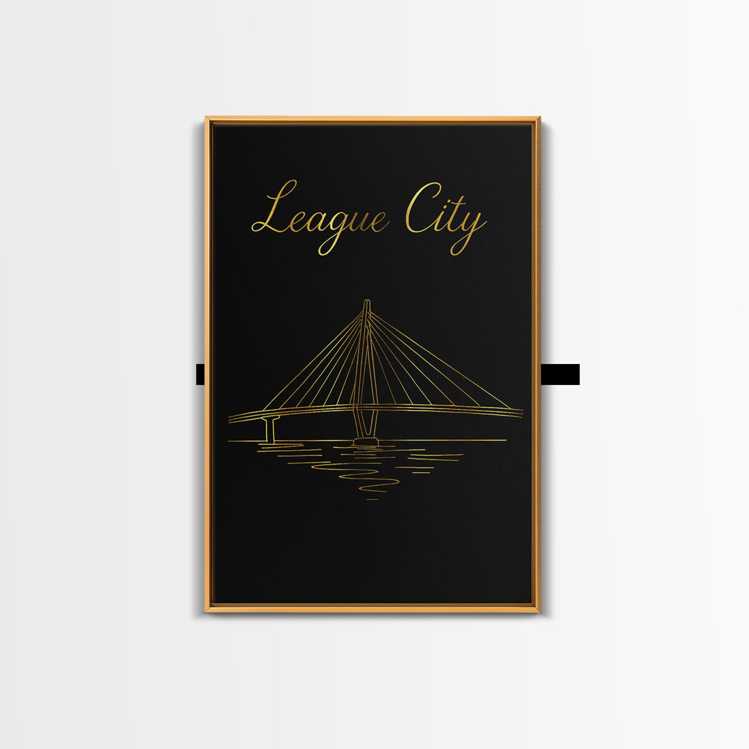 League City Travel Poster, Framed Canvas Print, Gold Outline Poster Art, League City Poster Print, City Art Print, Gift For Travelers