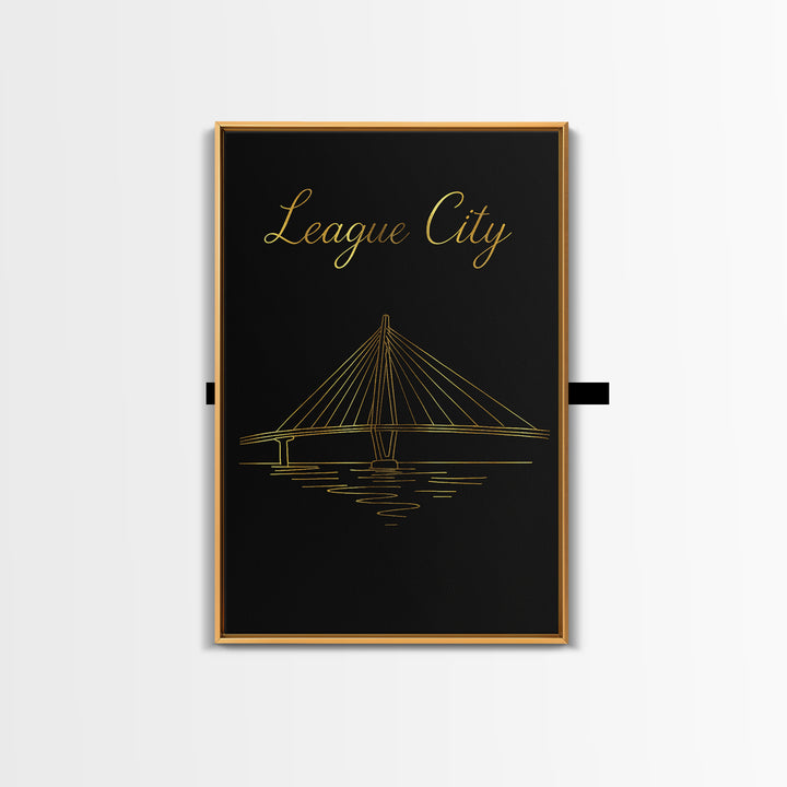 League City Travel Poster, Framed Canvas Print, Gold Outline Poster Art, League City Poster Print, City Art Print, Gift For Travelers