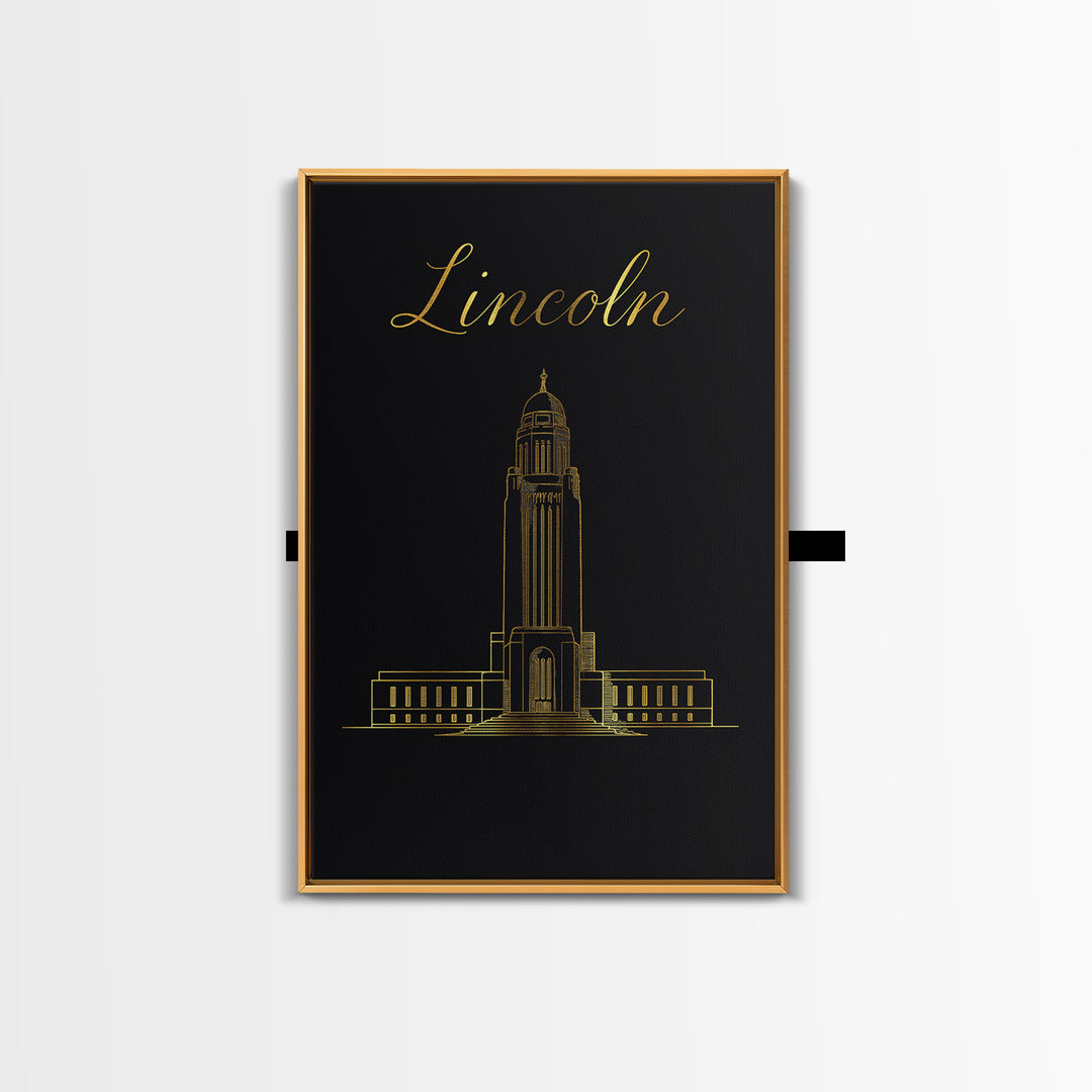 Lincoln Nebraska Travel Poster, Canvas Print, Black Gold Minimalist Art, Lincoln City Art, Gift For Travelers, Office Decor