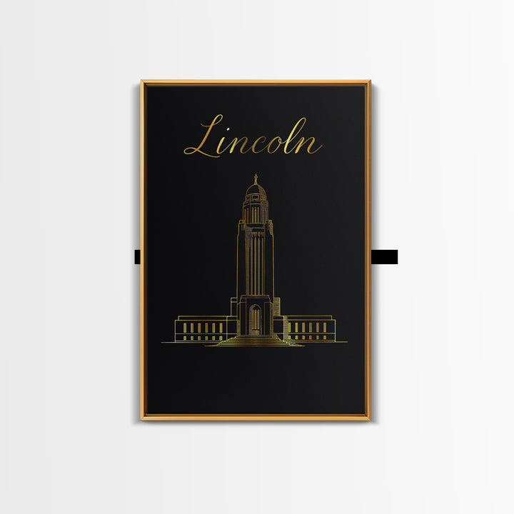 Lincoln Nebraska Travel Poster, Canvas Print, Black Gold Minimalist Art, Lincoln City Art, Gift For Travelers, Office Decor