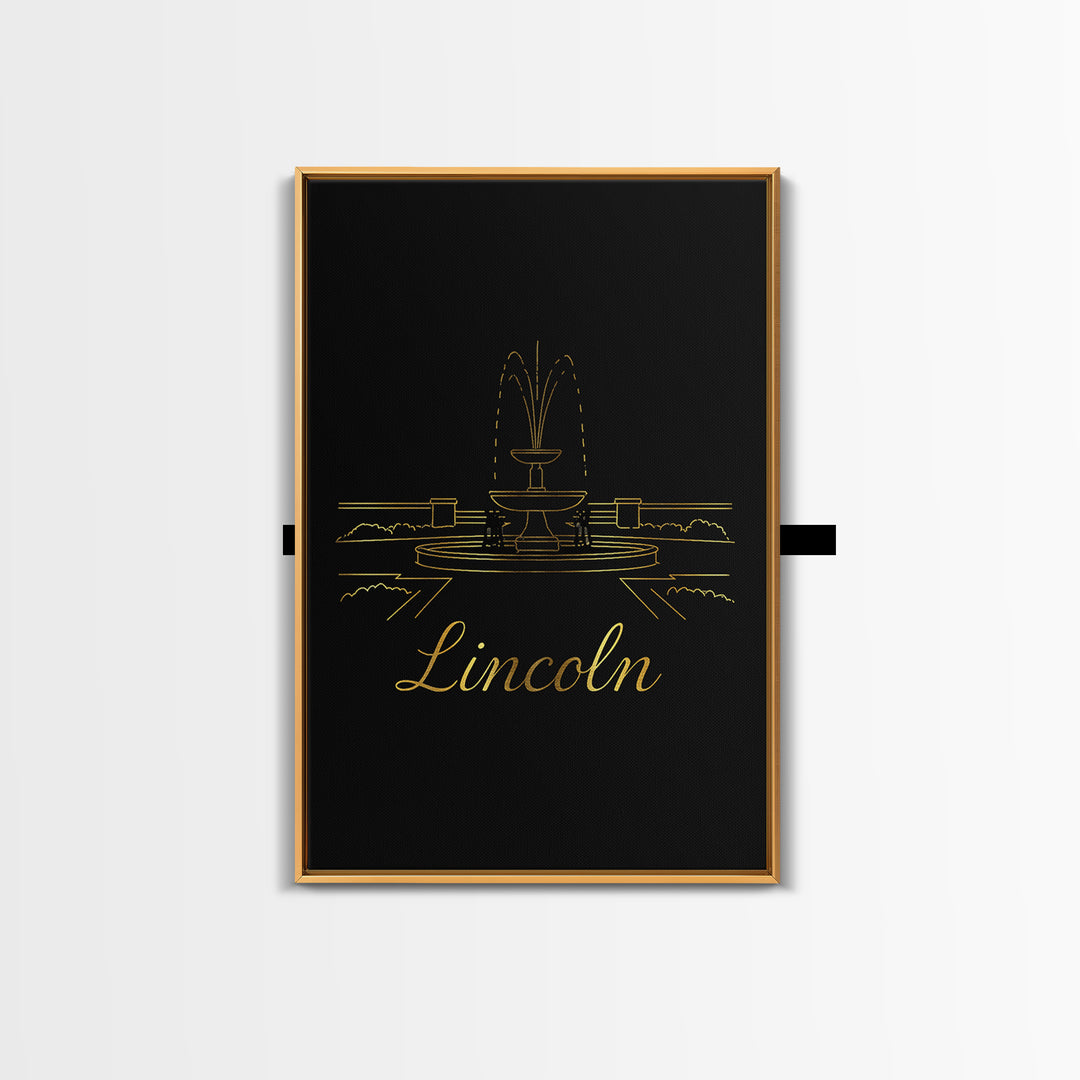 Lincoln Travel Poster, Framed Canvas Print, Minimalist Gold Line Art, Lincoln Travel Art, Watercolor Skyline Art, City Illustration