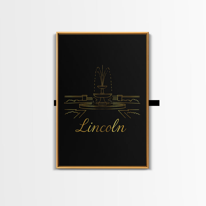 Lincoln Travel Poster, Framed Canvas Print, Minimalist Gold Line Art, Lincoln Travel Art, Watercolor Skyline Art, City Illustration