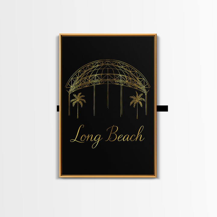Long Beach Travel Poster, Framed Canvas Print, Black Gold Minimalist Art, Long Beach Travel Art, Eclectic Wall Decor, City Illustration