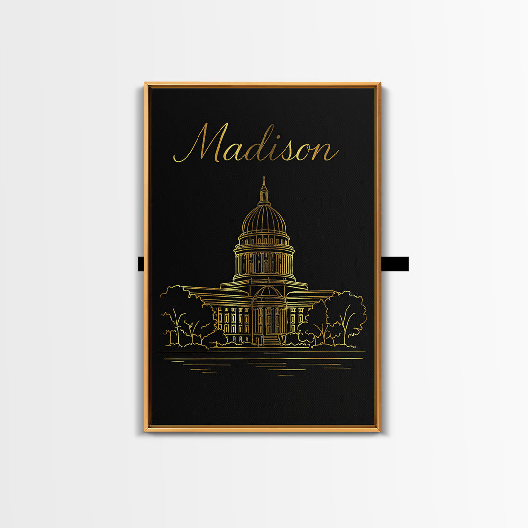 Madison Travel Poster, Canvas Print, Minimalist Gold Line Art, Madison City Art, Travel Art Print, Vintage City Poster, Vintage City Art