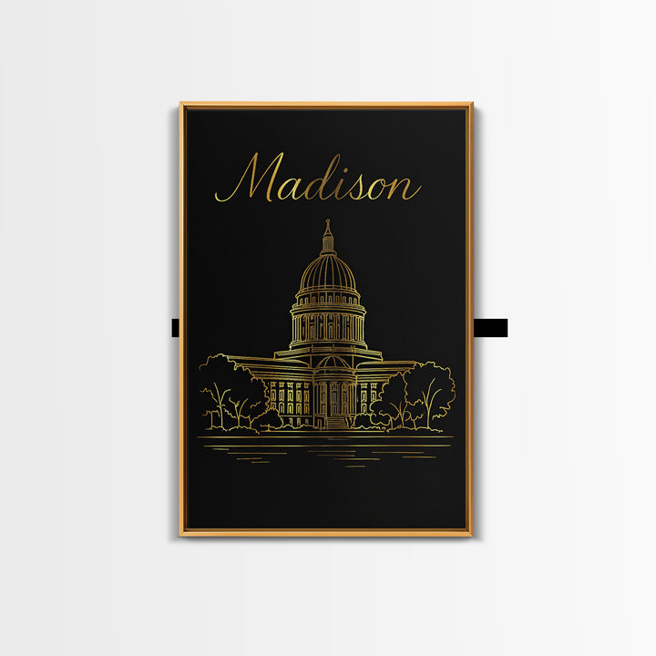 Madison Travel Poster, Canvas Print, Minimalist Gold Line Art, Madison City Art, Travel Art Print, Vintage City Poster, Vintage City Art