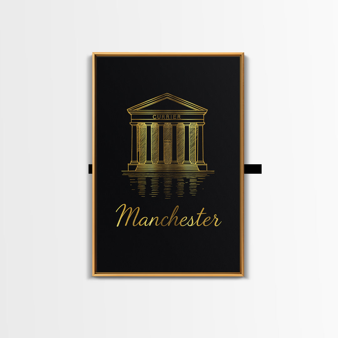 Manchester Travel Poster, Framed Canvas Print, Gold Outline Poster Art, Manchester Poster Print, Vintage City Art, Mid Century Wall Art
