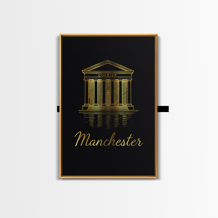 Manchester Travel Poster, Framed Canvas Print, Gold Outline Poster Art, Manchester Poster Print, Vintage City Art, Mid Century Wall Art