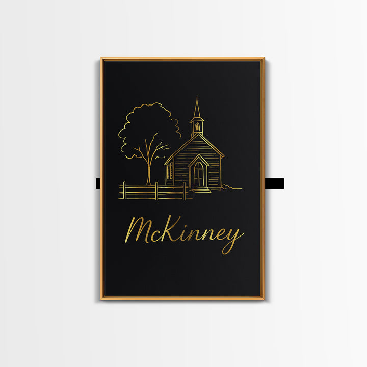 Mckinney Travel Poster, Framed Canvas Print, Minimalist Gold Line Art, Mckinney Poster Print, City Art Print, Travel Wall Decor