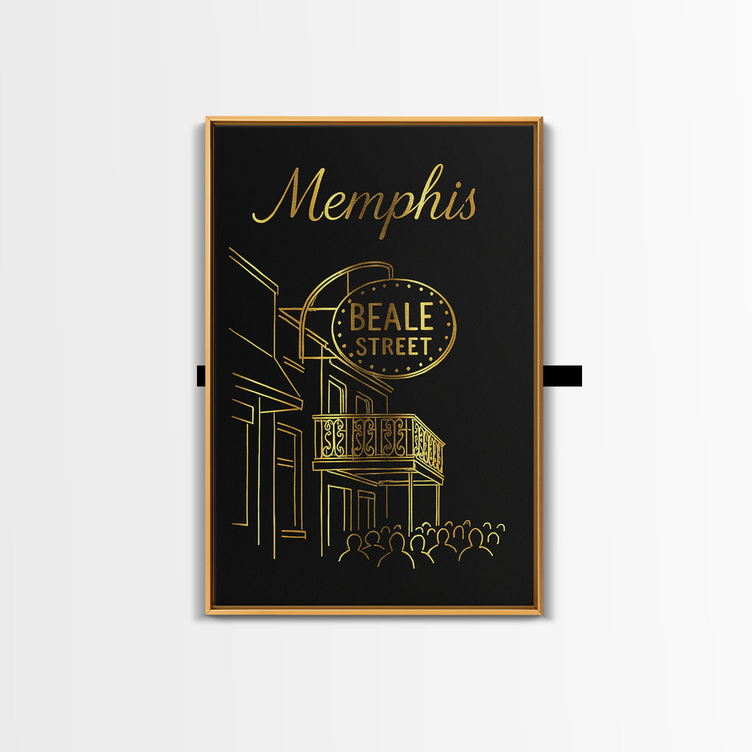 Memphis Tennessee Travel Poster, Framed Canvas Print, Gold Outline Poster Art, Memphis City Art, Vintage Travel Print, Travel Poster Art