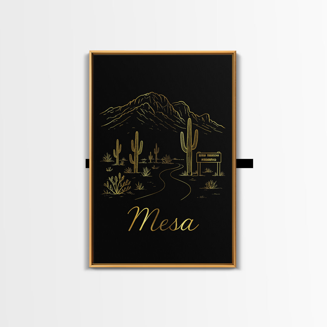 Mesa Arizona Travel Poster, Canvas Print, Gold Outline Poster Art, Mesa Poster Print, Wanderlust Decor, City Art Print, Retro Travel Print