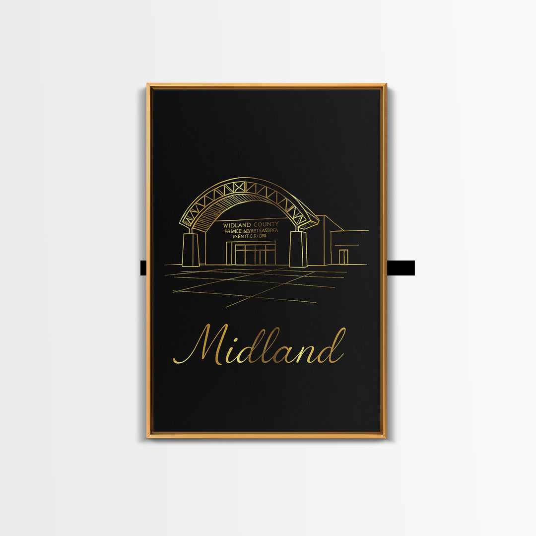 Midland Texas Travel Poster, Framed Canvas Print, Black Gold Minimalist Art, Midland City Art, City Travel Prints, Travel Wall Art, Wall Art