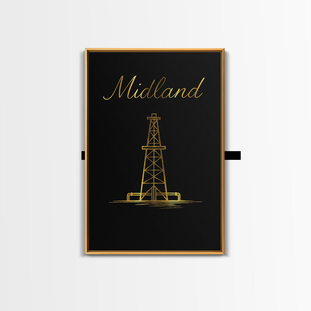 Midland Travel Poster, Framed Canvas Print, Minimalist Gold Line Art, Midland Art Print, Vintage Travel Print, Vintage Travel Art