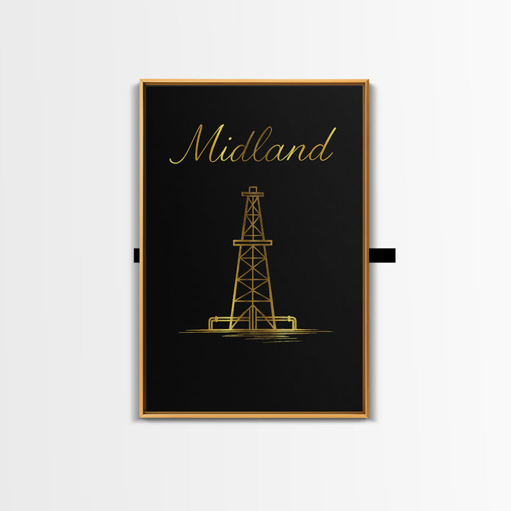 Midland Travel Poster, Framed Canvas Print, Minimalist Gold Line Art, Midland Art Print, Vintage Travel Print, Vintage Travel Art