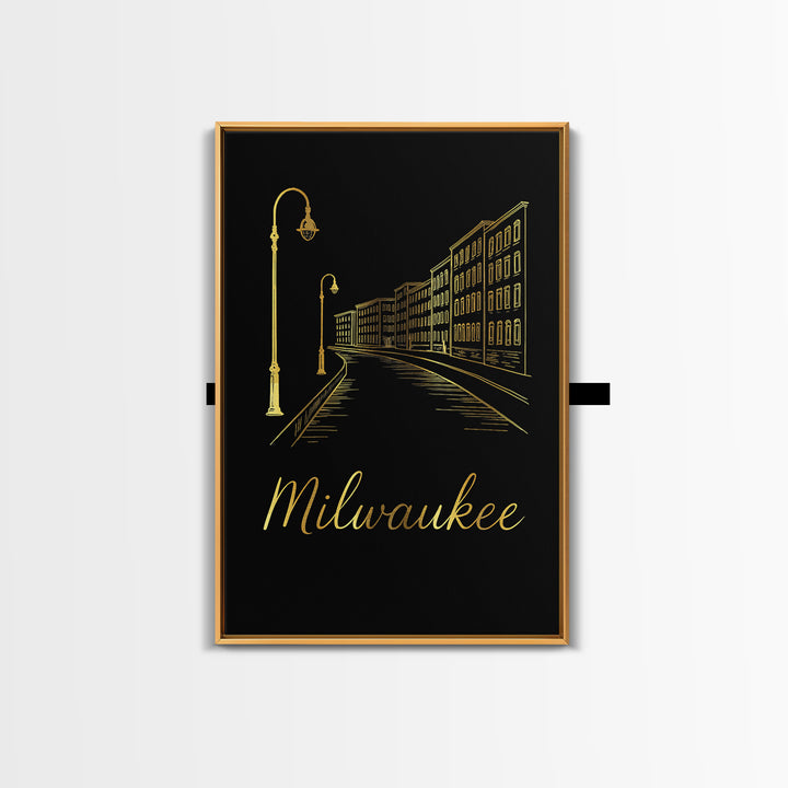 Milwaukee Travel Poster, Framed Canvas Print, Gold Outline Poster Art, Milwaukee Wall Art, Travel Poster Set, Eclectic Wall Decor