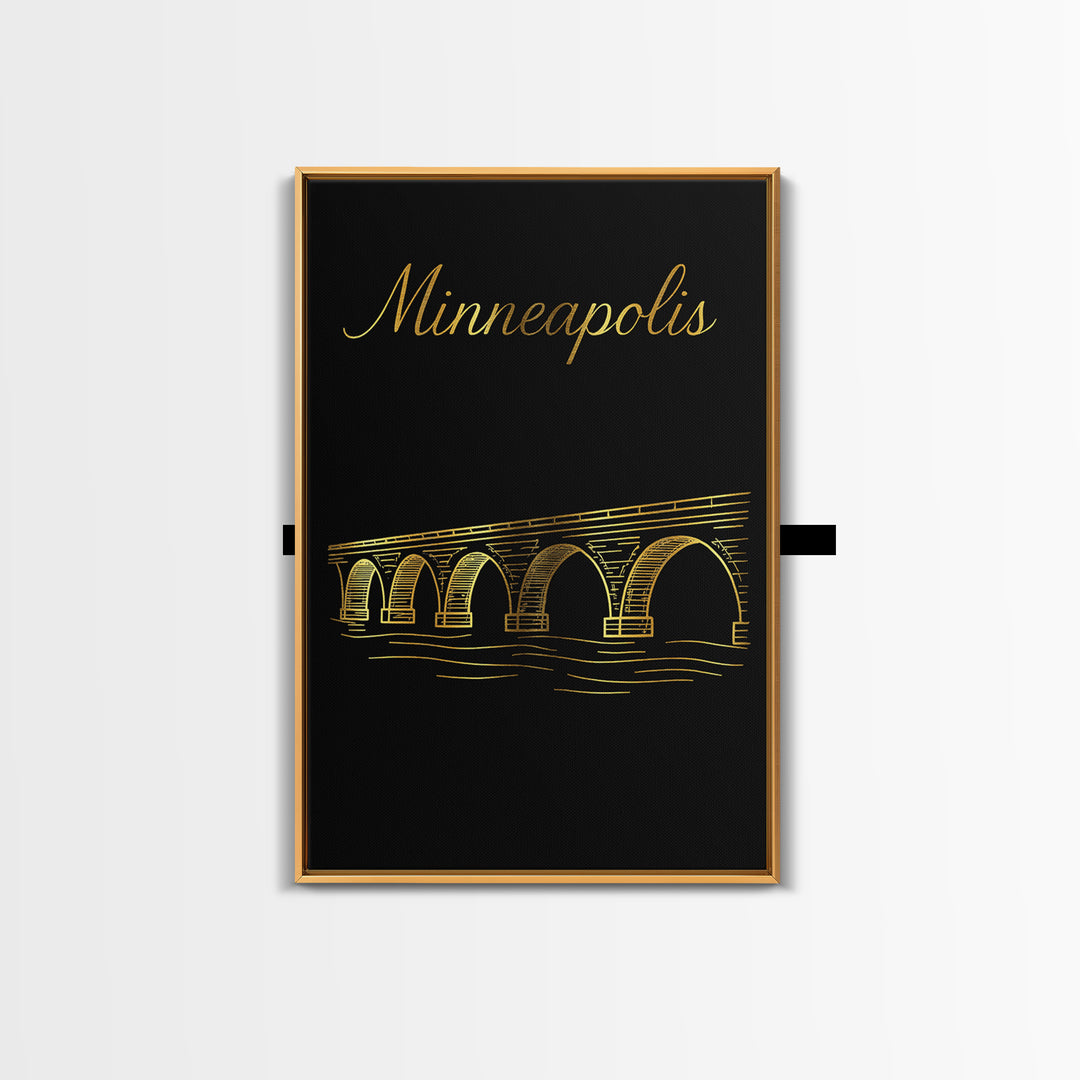 Minneapolis Travel Poster, Framed Canvas Print, Black Gold Minimalist Art, Minneapolis Travel Art, Gift For Travelers, Home Office Decor