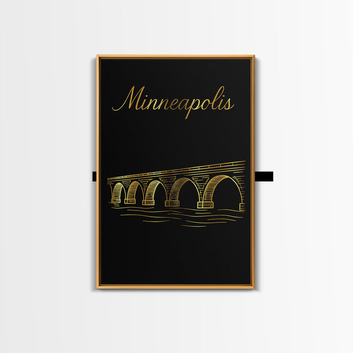 Minneapolis Travel Poster, Framed Canvas Print, Black Gold Minimalist Art, Minneapolis Travel Art, Gift For Travelers, Home Office Decor